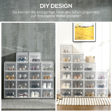 HOMCOM Set of 18 Modular Shoe Storage Boxes with Transparent Doors - Dimensions 25W x 35D x 19H cm | Aosom