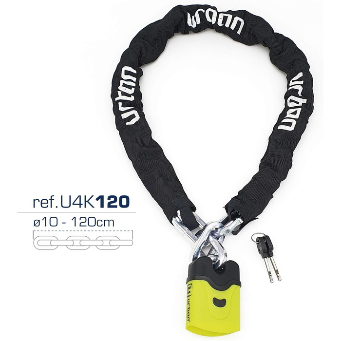 Ланцюговий замок URBAN SECURITY U4K120, загартована сталь 10 мм, рівень безпеки 11, для мотоцикла та велосипеда, 120 см