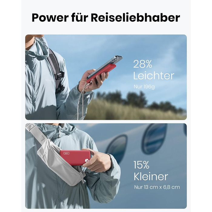 Power Bank INIU 10000mAh, ультратонкий, USB-C, з ліхтариком, червоний