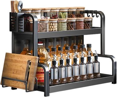 Стійка для спецій Devesanter на 2 яруси, велика місткість, з контейнерами, органайзер для кухні, з підставкою для дощок, з гачками, чорний