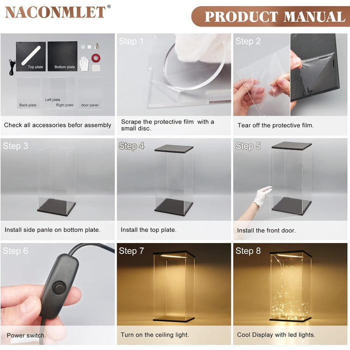 Акрилова вітрина з LED-підсвіткою Naconmlet для колекційних фігурок, прозора коробка-вітрина з дверцятами, чорна основа, 20x20x40 см