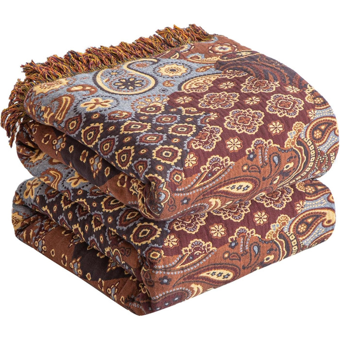 Богемна ковдра Boho Decke 100% бавовна – двостороння муслінова ковдра 150x200 см, м'яка ковдра для дивана та покривало на ліжко, естетичний дизайн, ідеально підходить для вітальні та спальні, помаранчевий/зелений (230 x 250 см, візерунок пає)