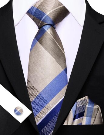Набір краваток у клітинку Barry.Wang з хустинкою та запонками. Класична смугаста краватка для чоловіків (кремового кольору)