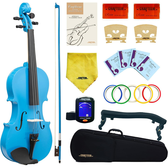 Скрипка Crafteem для початківців, дітей та дорослих, з 5 кольоровими гриф-стрічками, ручної роботи, (4/4, блакитна)