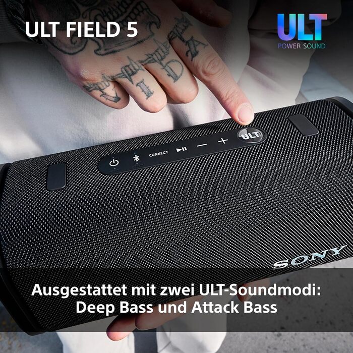 Sony ULT Field 5 – Портативна Bluetooth колонка з ULT Power Sound, IP67 (водонепроникна, пилозахищена, ударостійка), 12 год роботи, білий