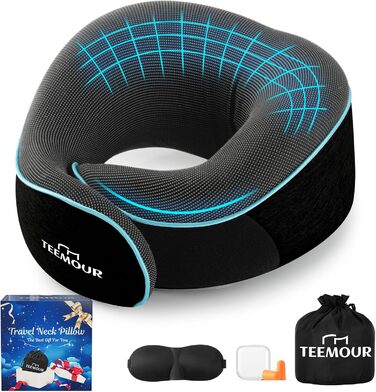 Подушка для шиї у літак з Memory Foam, 360° підтримка, з чохлом, маскою для очей та берушами, регульована подушка для подорожей (Чорний)