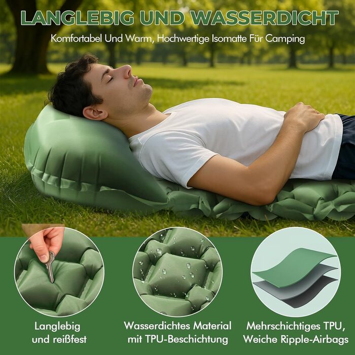 Надувний килимок для кемпінгу самонадувний Ultraleichte 195x60 см з вбудованою подушкою та помпою, водонепроникний, зелений