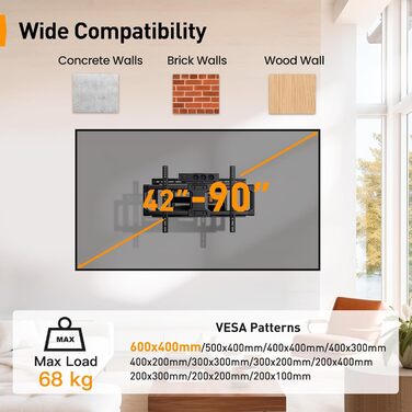 Настінна кріплення для телевізора Perlegear з розеткою, 42'-90', 68 кг, VESA 600x400 мм, PGLF11 (оновлена версія)
