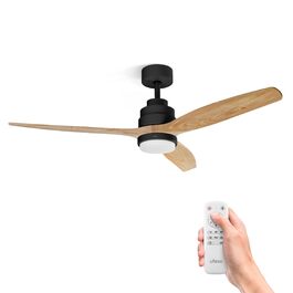 Стеляний вентилятор Ufesa, 40W, 6 швидкостей, надзвичайно тихий, 3 дерев'яних лопаті 132см, літньо-зимовий режим, таймер 8год, пульт керування, з підсвічуванням, чорний - світле дерево