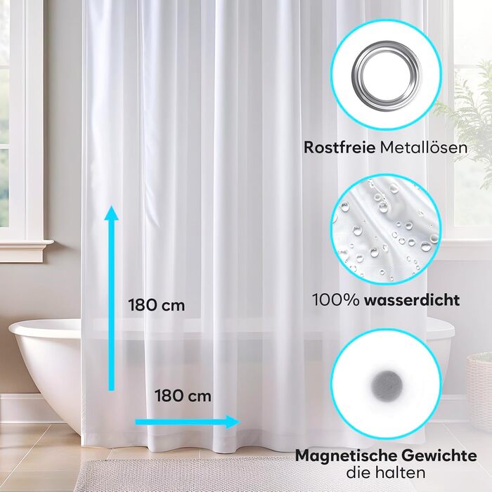 Прозорий душовий завіс ZENO 180x180 см - водонепроникний, з металевими люверсами та магнітами