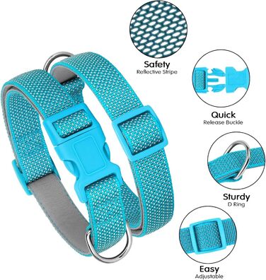 Світловідбиваючий нашийник для собак Didog з пряжкою, регульований, м'який неопрен, з підкладкою, нейлон, для малих, середніх та великих собак, зелений, L (M: Neck 25-43cm, Blue)