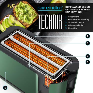 Тостер Arendo з нержавіючої сталі, 4 слоти, сенсорний екран, подвійні стінки, 1500 Вт, підставка для булочок, 7 рівнів підсмажування, центрування хліба, таймер, пам'ять, індикатор E: Green