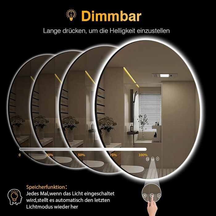 Дзеркало для ванної кімнати з підсвічуванням 70 см, LED дзеркало з підсвічуванням, 3 кольори світла, антизапарник, регульована яскравість, сенсорне управління, функція пам'яті, кругле, водонепроникне IP44, 70x70 см