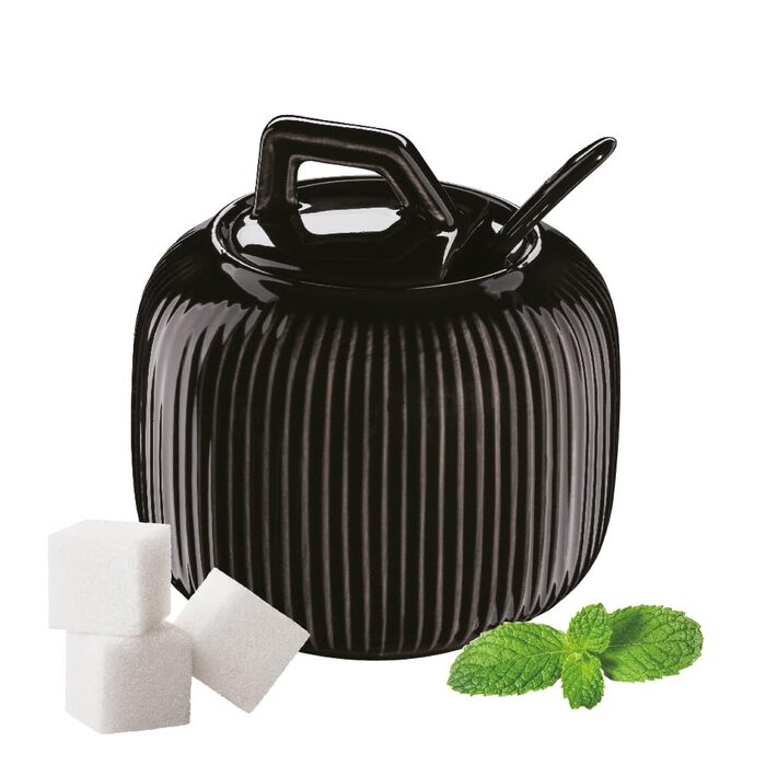 Цукорниця керамічна з бамбуковою кришкою та ложкою, цукровий контейнер (смужки, чорний глянц)