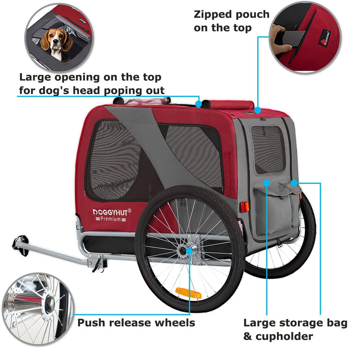 DOGGYHUT® Преміум великий вагон для собак на велосипед, 270 літрів, для середніх та великих собак (ЧЕРВОНИЙ)