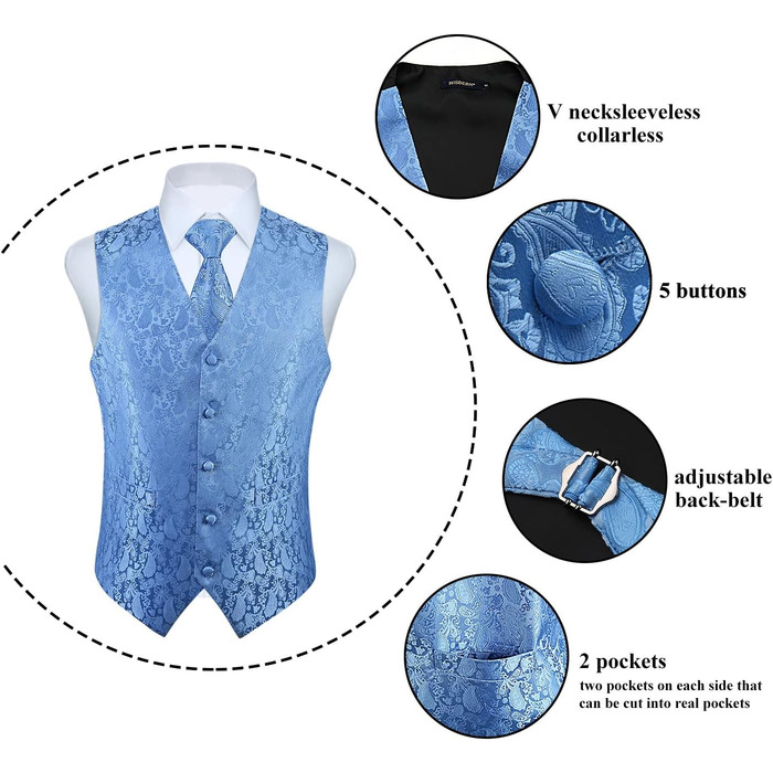 Жакет для костюма чоловічий світло-блакитний з паєтками, комплект з краваткою та нагрудником, елегантний блакитний костюмний жакет HISDERN, розмір M