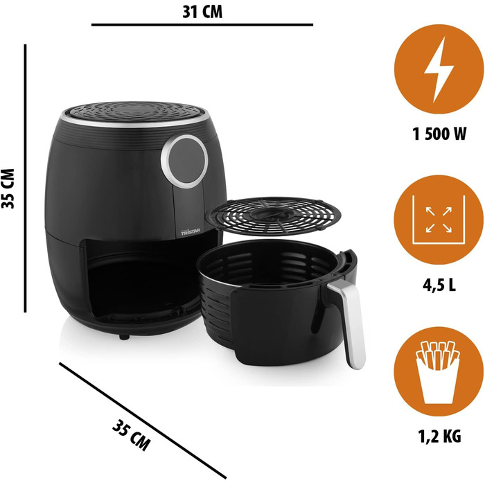 Tristar FR-6956 Hot Air Fryer, Cool-Touch Housing, Overheat Protection, Timer Function, Black, Digital, Regular 4.5L