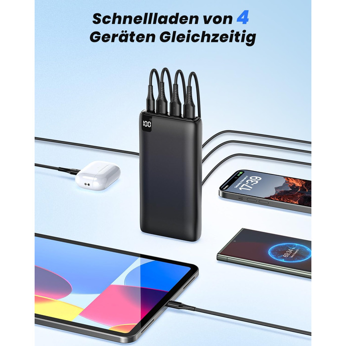 Power Bank Riapow 26800mAh з LED-дисплеєм: зарядка для смартфонів та планшетів, 4 порти USB, 22,5W, чорний