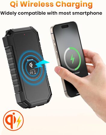 Powerbank Riapow сонячний бездротовий 26800mAh: акумулятор з USB-C, LED-ліхтарик для смартфона, планшета, кемпінгу (чорний)