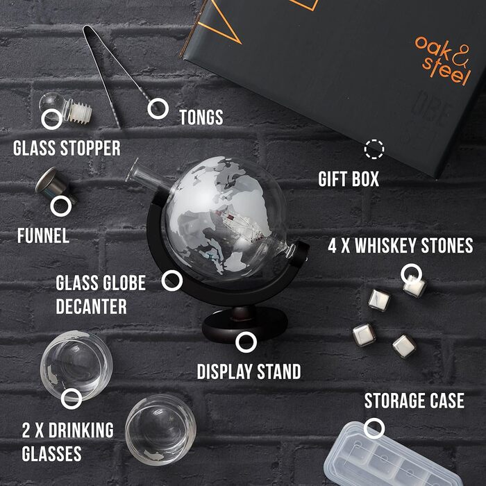 Oak & Steel - XL Premium Globus Whisky Decanter Set with World Map, 1500ml - Decanter with 2 Glasses, 4 Whiskey Stones & More - Gift Set for Christmas