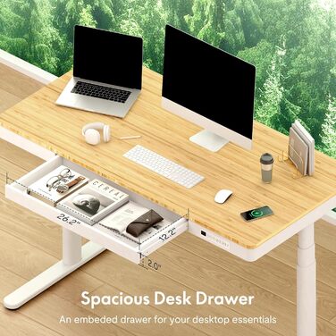 FLEXISPOT Electric Standing Desk with LED Display, Memory, USB & Drawer - 140x70cm Bamboo/White (with Qi Charging)