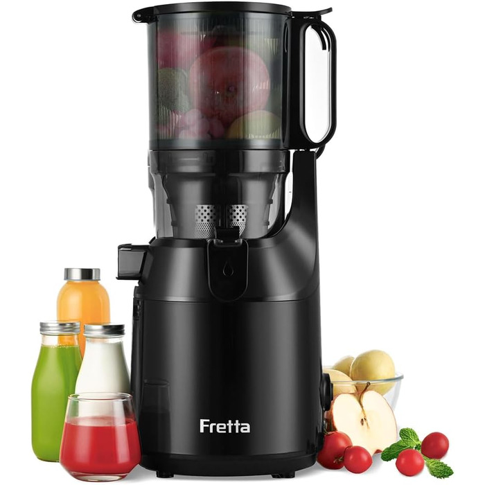 Fretta Slow Juicer with 135mm Opening, Juicer for Vegetables and Fruit Test Winner, 250W Breastfeeding Juicer with Cold Press, Easy Cleaning & Powerful Motor, BPA-Free (Black, 1.8L) 1.8L Black