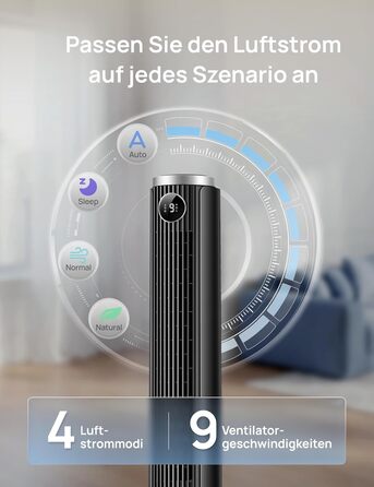 Вентилятор вежовий DREO Smart 102-114 см для спальні, з регулюванням висоти, 9 швидкостей, 4 режими, 90° осциляція, тихий (20 дБ), таймер 12 год, чорний