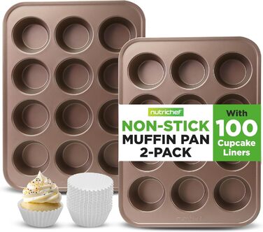 NutriChef 2-Piece Muffin Tin, Non-Stick Coated – PTFE-, PFOA-, PFOS & BPA-Free Muffin Tray – Muffin Sheet with 12 Cups, total 24 Pieces – Muffin Tin Made of Carbon Steel – Dishwasher Safe & with High Rim