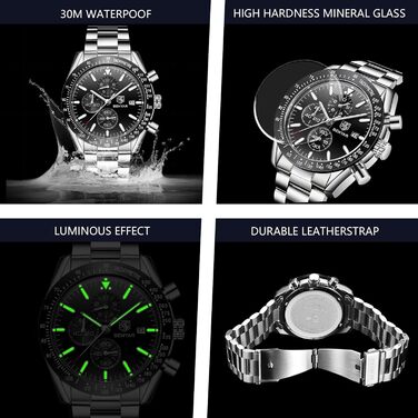 Чоловічий годинник BENYAR з хронографом, кварцовий, водостійкий 30M, з датою, для активного відпочинку, спортивний, шкіряний (чорний)