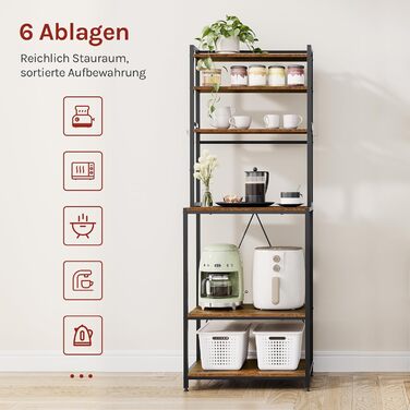 Стелаж кухонний Woltu з 6 полицями, з гачками, з металу та інженерної деревини, 60 x 167 x 40 см, рустичний коричнево-чорний