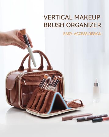 Косметичка-органайзер велика містка з водонепроникним покриттям та ручкою, з декількома відділеннями (колір: кавовий)