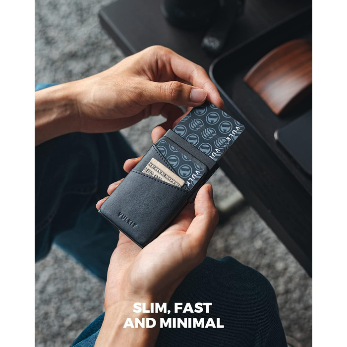 Чоловіче картхолдер VULKIT з металу та шкіри з автоматичним відкриванням, RFID/NFC захистом, slim дизайн, вміщує 5-9 карт (чорний)