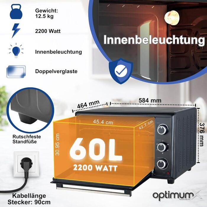 Міні-піч OptimumX 20L з конвекцією, таймером на 60 хв, для піци, 1380 Вт, чорний (60 літрів)