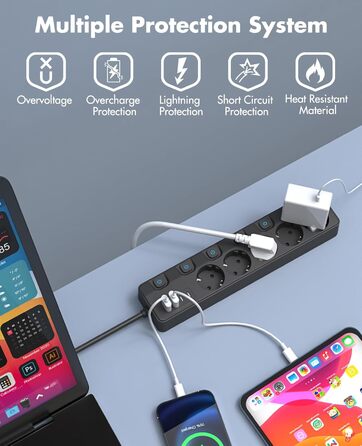 Багаторозетка на 5 розеток з індивідуальними вимикачами, KEPLUG, з USB, захист від перенапруги, для стіни, 2 м, чорна