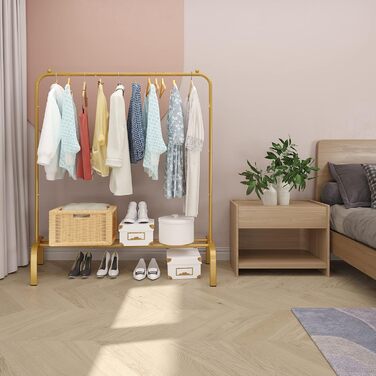 JIUYOTREE Clothes Rack, Coat Rack, Metal Clothes Rod, Durable Clothes Rod with Bottom Frame for Coats, Skirts, Shirts, Sweaters, White (Gold)