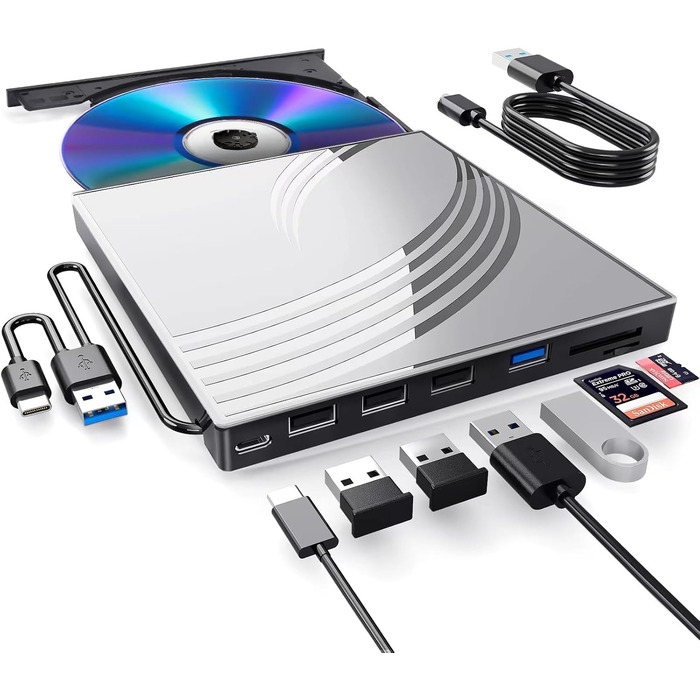 Зовнішній CD/DVD-RW привід USB 3.0, ультратонкий DVD-плеєр для ноутбука з 4 USB-портами, картридером SD/TF та роз'ємом Type-C, сумісний з Windows, macOS, Linux