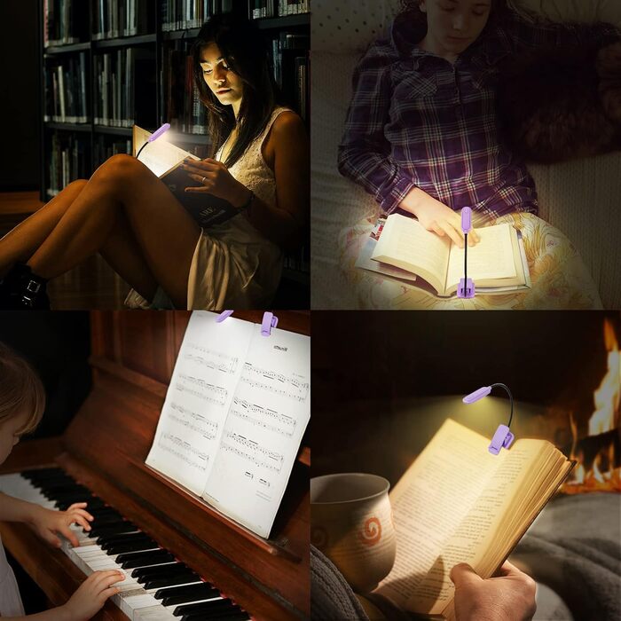 Ліхтарик для читання BIGMONAT з USB зарядкою, кліпсою, 6 LED, 3 режими світла, регульована яскравість, гнучкий на 360° фіолетовий