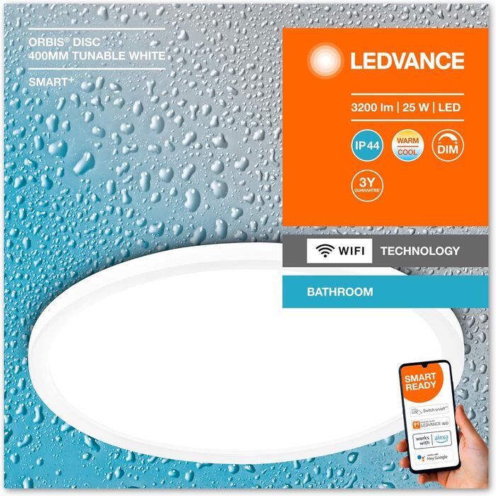 LEDVANCE Smart LED Bathroom Lamp white, 1200LM, 3000-6500K, 300mm x 70mm, IP44, Orbis Bath Bathroom Fixture with Wifi Technology, dimmable, controllable via app and voice assistants (White, 40cm, Disc)