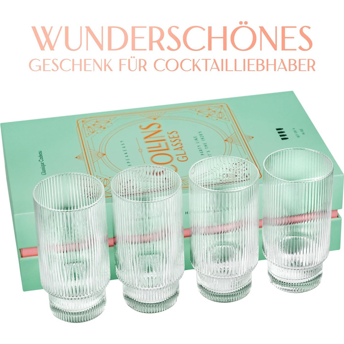 GLASSIQUE GIFT Vintage Art Deco Collins Gin Longdrink Ribbed Cocktail Glasses | 4-Piece Set | 400 ml Slim Tall Ribbed Highball Longdrink Glasses for Mojito Cocktails