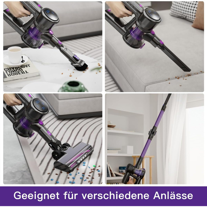 Бездротовий акумуляторний пилосос 28KPa з LED-дисплеєм, антинамотувальною щіткою та змінним акумулятором. Підходить для твердих поверхонь, килимів та видалення шерсті тварин (фіолетовий)