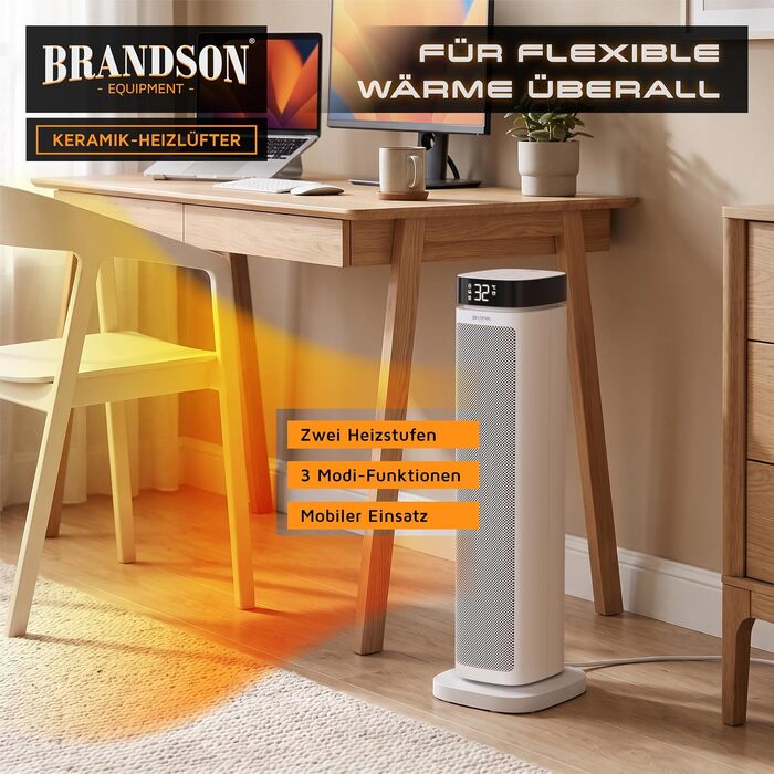 Керамічний обігрівач Brandson ECO Design 2000 Вт з дистанційним керуванням, функцією осциляції та ECO-режимом для спальні та ванної кімнати