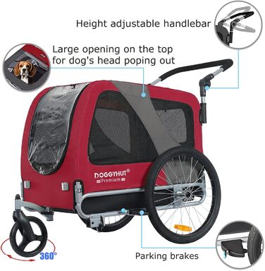 DOGGYHUT® Преміум великий велосипедний причіп для собак 2 в 1 / візок-бігунок для собак / великий причіп для собак, 270 л, до 35 кг (червоний / чорний)