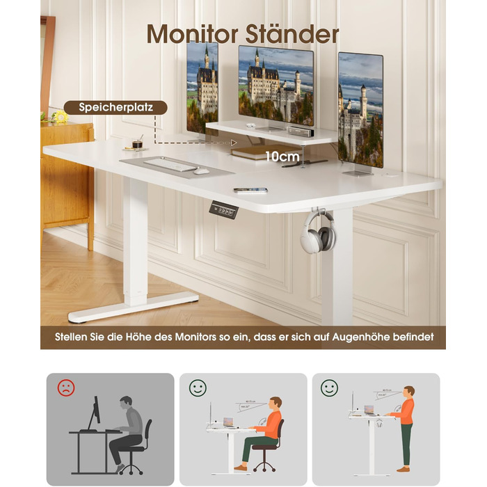 Devoko Electric Standing Desk 160x70cm with Monitor Stand - Height Adjustable Desk with 2 Memory Settings - Ergonomic Sit-Stand Desk (160 x 70 cm)