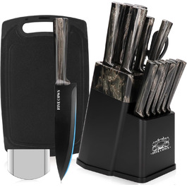 Набір кухонних ножів Messerblock з 16 предметів, з дощечкою, захистом пальців, точилкою та кухонними ножицями, професійний набір для дому (зелений, чорний)