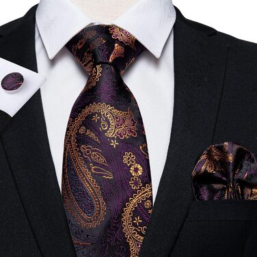 Комплект краватки, хустинки та запонок DiBanGu Paisley - шовковий жакард, фіолетово-золотий, діловий стиль