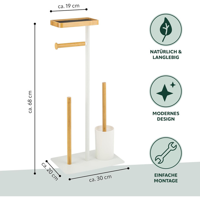 Набір для туалету Eluno 4в1: щітка для унітазу, тримач рулонів, полиця, бамбук/метал (білий)
