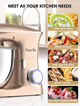 Facelle 2000W 8.5L Stand Mixer - Dough & Cake Mixer with Whisk, Dough Hook, Beater & Splash Guard for Baking, Cakes, Cookies, Kneading, 6+ Speed - Champagne Color