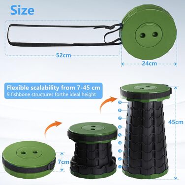 Зручний складаний стільчик GeeRic: телескопічний, регульований за висотою, для кемпінгу, риболовлі, дітей (зелений)