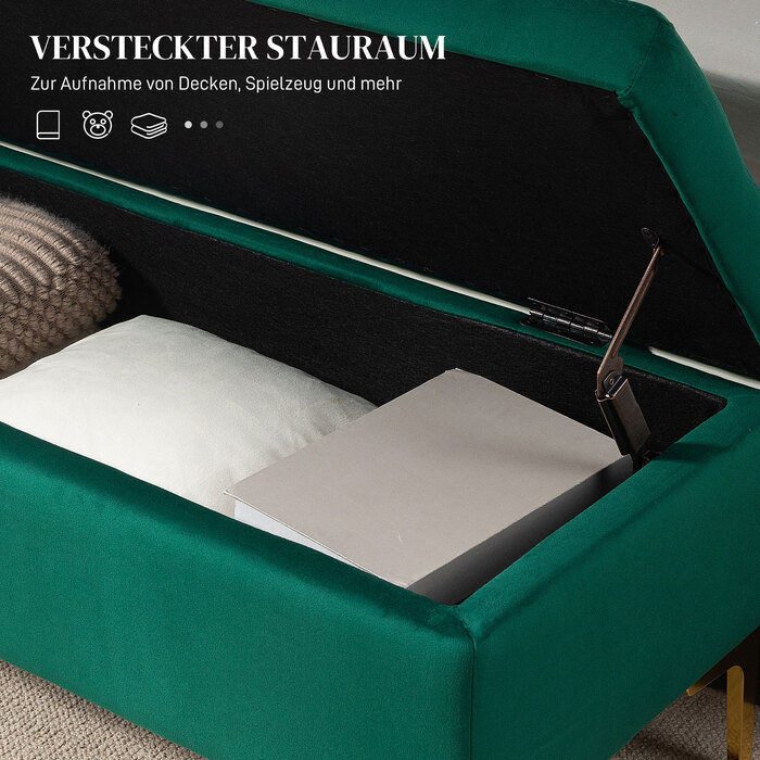 HOMCOM Storage Bench, Upholstered Bench with Velvet Look 120x44x44.5 cm, Metal Legs, Bed Bench for Living Room Bedroom Hallway, green