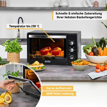 Міні-піч TZS First Austria 35л, 1600W з піччю для піци, регулюванням температури та антипригарним покриттям, таймером 60 хв, 3 рівнями та набором для випікання